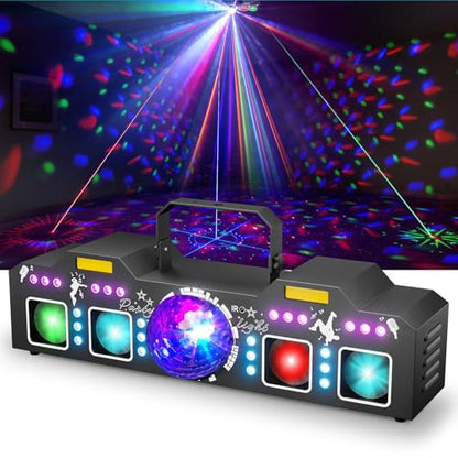 DJ Lights for Parties, Pro 8 in 1 DMX512 Laser Light Show with Disco Ball Light, RGB and Gold Strobe,UV Black Lights-Sound Activated LED Lighting for Home, Karaoke, Clubs, Gigs, and DJ Lighting