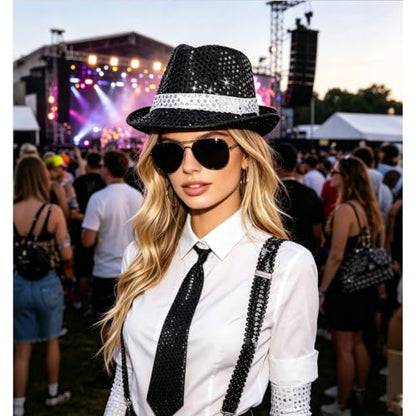 7PCS Pop Star Costume 70s 80s Disco Rock Super Star Dance Cosplay Accessories - Gloves Hat Sunglasses Tie Sequin Strap - color: Black