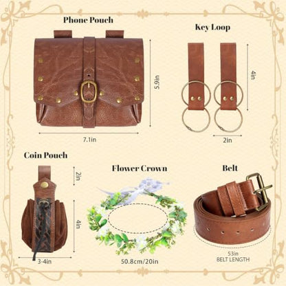 Renaissance Belt Pouch Set with Wreath - Renaissance Accessories with Pirate Belt Pouch for Halloween Cosplay & LARP - color: Brown-b