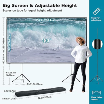 Outdoor Projector Screen with Stand 180 inch 16:9, Portable Projector Screen, 1.5 High Gain Fiberglass, Sturdy Backing, Wind-Resistant Movie Screen, Tripod/Wall Mounted, for Home Cinema/Backyard Party - size: 180 inch 16:9