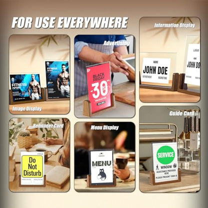 Walnut Wood U-Base 5"x7"Sign Holder Set – Premium U-Shaped Tabletop Display Stand with Clear Acrylic Panels,4Pack (3 Vertical + 1 Horizontal)5*7inches – Ideal for Photo, Menu, QR Code, Café, Home Décor