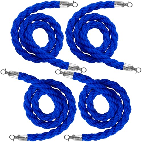 4PCS Blue Barrier Stanchion Rope 5 Ft Crowd Control Ropes Barrier with Silver Hooks for Party - color: Braided-Blue&Silver, size: 4PCS