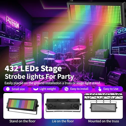 DJ Strobe Light for Parties,80W 432 LEDs RGB 3IN1 Stage Strobe&Wash Lights Bar with APP Control DMX512 Sound Activated DJ Disco Strobe Lights for Halloween Birthday Party Wedding Show Club
