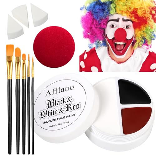 Scary Clown Makeup Face & Body Paint Kit Professional Black White Red SFX Cream Bodypaint with 5 Brushes Sponge Applicators & Clown Nose Facepainting Set for Kids Adult Halloween Joker Vampire Zombie - color: Black White Red 10 PCS