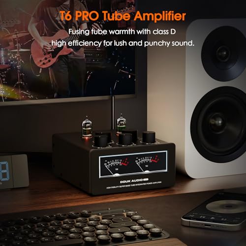 Douk Audio Bluetooth Tube Amp: 300W x2 TPA3255 2 Channel Stereo Power Amplifier – Dual VU Meters & Super Bass – for Home Theater & Hi-Fi Systems (T6 PRO)