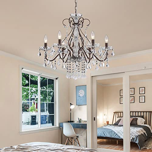 Saint Mossi 6 Light Crystal Chandelier Light Fixture Modern Chandelier Crystal Lighting, Crystal Pendant Raindrop Chandelier for Dining Room,Bedroom,Living Room,H23 x D24, 6-Light - color: Dark Brown