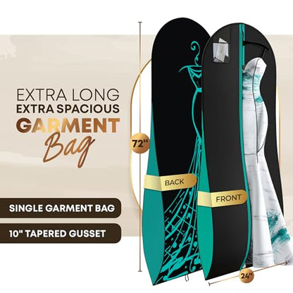 Your Bags Women’s Dress and Gown Garment Bag -72”x24” and 10” Tapered Gusset Prom Bags (Blue/Black Dress Print) - color: Blue/Black Dress Print