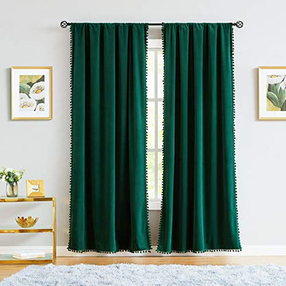 Christmas Green Velvet Curtains for Living Room 63" Pom Pom Room Darkening - color: Pom Pom- Christmas Green, size: 42"W x 63"L (Pack of 2)