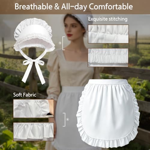2Pcs Women Vintage Colonial Costume Accessory Set, White Bonnet & Waist Apron, Pioneer Amish Pilgrim Cosplay Outfit for Adult Halloween Renaissance Fair