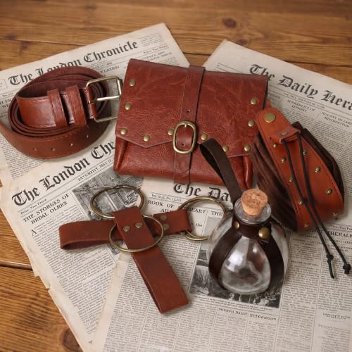 Renaissance Pirate Belt Pouch Accessories Set - Medieval Leather Belt Potion Bottles Skirt Hikes for LARP Halloween Cosplay (Brown KK) - color: Brown KK