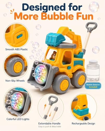 Excavator Automatic Bubble Machine for Kid Toy 3 4 5 6 7 8 Year Old Little Boy Girl Gift Lawn Mower Maker Blower Summer Outdoor Push Toys Easter Christmas Birthday Present