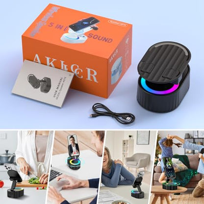 AKLLCCR Wireless Induction Bluetooth Speaker 5in1 Phone Holder Speaker | 3000mAh Rechargeable Phone Speaker Amplifier,Ambient Light,Portable Stand for iPhone,Android,Ideal Gift for Men/Women,Black - color: Black