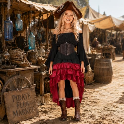 Pirate Costume Women Outfits Renaissance Halloween Costume | Also dress up for Steampunk / Renaissance/ Gypsy Costume - color: Brown, size: Small