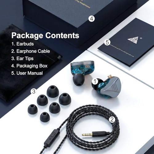In Ear Monitor Headphones Dual Magnetic Dynamic Driver IEM with Mic, Blue | Hybrid Banlance Armature with Dynamic in Ear Headphones IEM Earphones Gaming Earbuds - color: YJS-819-Blue with Mic