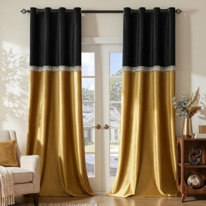 GIGIZAZA Velvet Curtains 84 Inch for Living Room 2 Panels Black Gold - color: Black+gold, size: 52"W x 84"L (Pack of 2)