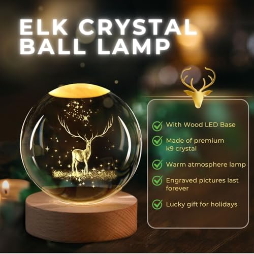 Flexzion 3D Elk Crystal Ball Night Light - LED Light Hologram Glass Lamp with Solid Wood Base, USB Powered Crystal Ball Lamp with Adjustable Brightness for Home Decor Display Gift, 2.4inch(60mm) | Elk Lamp with Solid Beech Wood Base and Adjustable Brightn