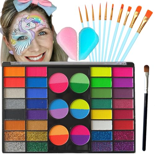 Face Painting Kit, 44 Colors Professional Face Paint Makeup Kit Non-Toxic Water Activated Facepaint Palette with Brush, Sponge for Party Halloween Christmas (44 Colors) - color: 44 Colors