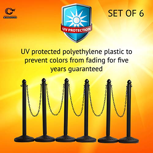Plastic Stanchion Crowd Control Barrier Kit, Black, 6-Pack, 50 Ft Chain | Montour Line 2.5-inch-diameter, 40-inch Posts with Fillable Flat Bases, UV Inhibitors Help Resist Fading, Indoor/outdoor Use - color: Black