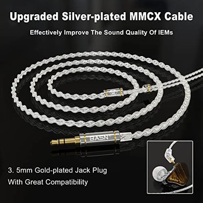 BASN MMCX in Ear Monitor,Triple Driver Musician IEM Headphone,Gold Obsidian | Hybrid 2DD+1BA Driver Drummer Earphone with Powerful Bass,Secure Over-ear Design,4.9ft Detachable Silver-plated & Mic Cables - color: Golden Obsidian