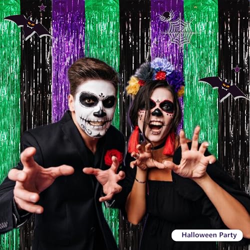 BEISHIDA 3Pcs Purple Green Black Door Streamer Backdrop Foil Fringe Tinsel Curtains Backdrops for Monster Truck Theme Birthday Party, Halloween Party Supplies (3.28 ft x 6.56 ft) - color: 3 Pack-purple Green Black