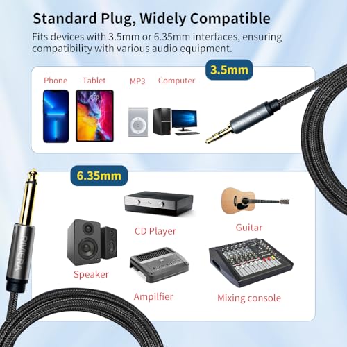 RIVIERA 10FT/3.0M Audio Cable 3.5mm 1/8" TRS to 6.35mm 1/4" TS Braided Sheild Pure Copper Wire and 24K Gold Plated Low Noise Cable with Braided Nylon Jacket for Digital Players & Musical Instruments - color: 1/4-1/8 TRS Black, size: 10FT/3.0M