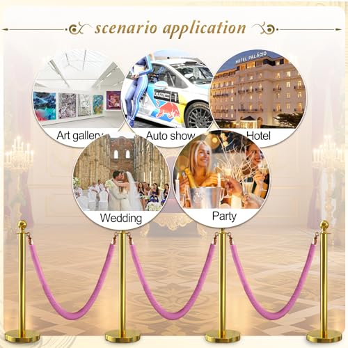 4PCS Pink Velvet Stanchion Rope 5 Ft Crowd Control Ropes Barrier with Gold Hooks for Party - color: Pink&gold, size: 4PCS