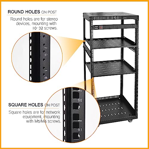 RIVECO 25U Network Rack with Reinforced Top Cover - 4 Post Floor Rack on Wheels for 19" Equipment & Stereo Gear- Including Mount Power Strip & 2PCS 1U Shelves - size: 25U