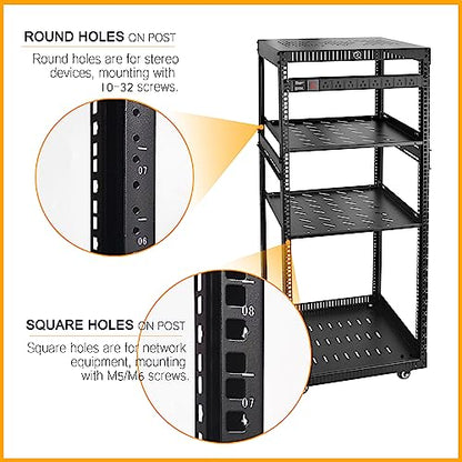 RIVECO 25U Network Rack with Reinforced Top Cover - 4 Post Floor Rack on Wheels for 19" Equipment & Stereo Gear- Including Mount Power Strip & 2PCS 1U Shelves - size: 25U