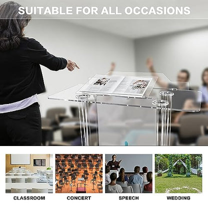 Church Pulpit with Hollow Cross Design,Church Podium,Acrylic Podium with Wheels& Vertical Reading Platform, 46”Transparent Lecterns for Churches,Classroom and Weeding - style: StyleB