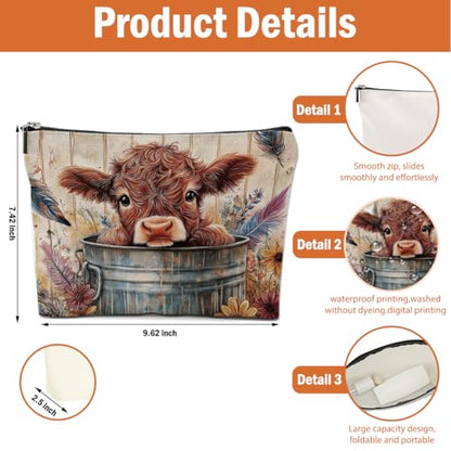 4 PCs Highland Cow Makeup Bag Highland Cow Gifts Cosmetic Bag | Cow Print Stuff Western Gifts for Women Scottish Girls Best Friends, Cute Cow Stuff Christmas birthday Gifts Zipper Pouch - color: highland cow makeup bag