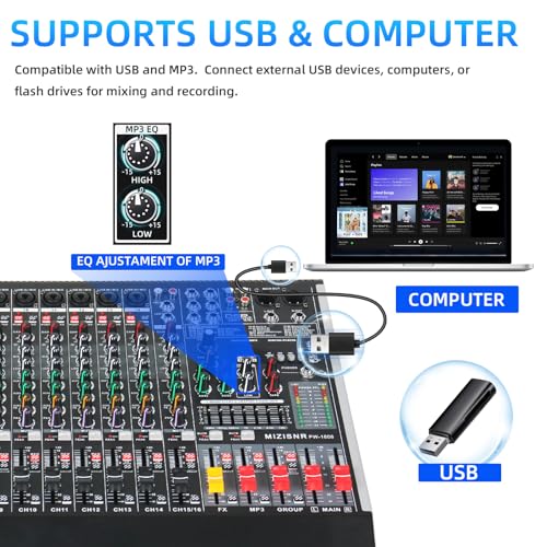 16 Channel Audio Mixer Professional Sound Mixing Board with 99 DSP Effects, 7-band EQ Digital DJ Mixer Console w/USB Bluetooth MP3 for Recording, Independent 48V Power & Mute Button - size: 16 Channel - 22.1inch