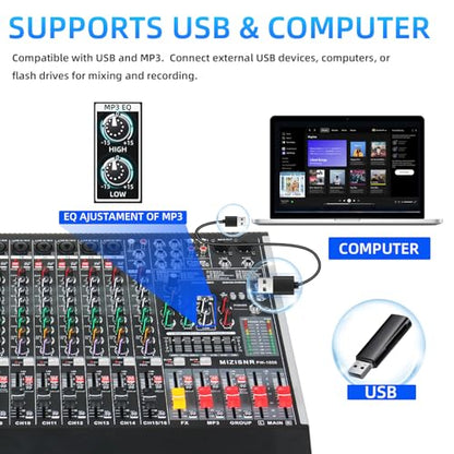 16 Channel Audio Mixer Professional Sound Mixing Board with 99 DSP Effects, 7-band EQ Digital DJ Mixer Console w/USB Bluetooth MP3 for Recording, Independent 48V Power & Mute Button - size: 16 Channel - 22.1inch