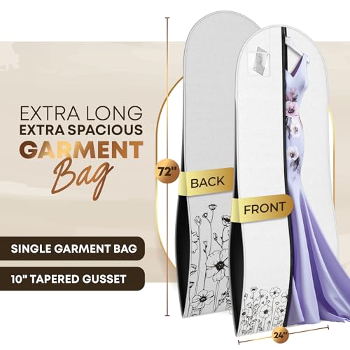 Your Bags Women’s Dress and Gown Garment Bag -72”x24” and 10” Tapered Gusset Prom Bags (Wildflower White) - color: Wildflower White