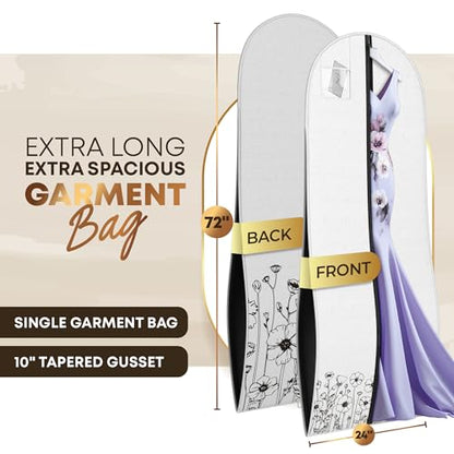 Your Bags Women’s Dress and Gown Garment Bag -72”x24” and 10” Tapered Gusset Prom Bags (Wildflower White) - color: Wildflower White