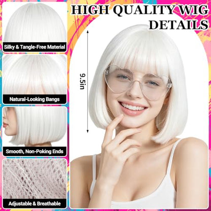 Short Bob Straight Hair Wigs with Bangs, Synthetic Fiber Colorful Hair, Heart-shaped Sunglasses for Women (White) - color: White