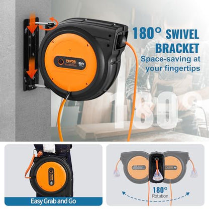VEVOR Retractable Extension Cord Reel, 80 FT, Heavy Duty 12AWG/3C SJTOW Retractable Power Cord with Lighted Triple Tap Outlet, 15 Amp Circuit Breaker 180° Swivel Bracket for Ceiling or Wall Mount | 15A Circuit Breaker, with Lighted Triple Tap Outlet, 180°
