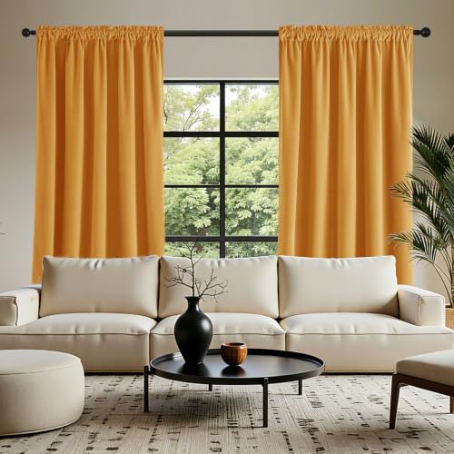 Joydeco Yellow Velvet Curtains 63 inch Length 2 Panels, Luxury Blackout Rod Pocket Thermal Insulated Window Curtains, Super Soft Room Darkening Drapes for Living Dining Room Bedroom,W52 x L63 inches - color: Rod Pocket | Golden Yellow, size: 52"W x 63"L (