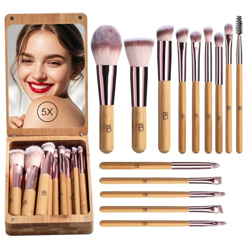BS-MALL 14Pcs Travel Makeup Brush Set, Foundation/Concealer/Eye,LED Mirror (E-Bamboo) - color: E-Bamboo