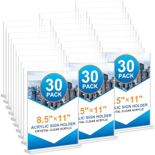 Arrobust 30 Pack Acrylic Sign Holder 8.5 x 11, Clear Display Table Top Signs Stand, Double Sided T Shape Flyer Holder, Plastic Frames Paper Holder for Stores Home Office Store Restaurants Wedding Retail Show Fair - size: Vertical 30 Pack 8.5x11''