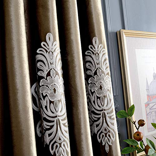 VOGOL 2 Panels Eurapean Floral Embroidered Curtains, Blackout Velvet Drapes Grommet Drapery for Theater Bedroom Living Room, 52 by 63 Inch, Chocolate Brown | Plush Velvet Texture, Helps Reduce Glare, Delicate Embroidery, for Bedroom, Dining Room - size: 5