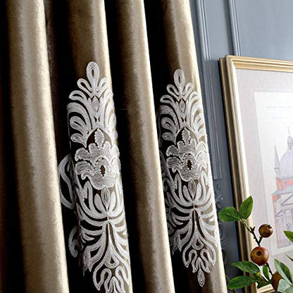 VOGOL Super Soft Luxury Velvet Blackout Curtains, Grommet White Flower Embroidered Soft Chocolate Brown Flannel Draperies for Living Room, 52 x 96 Inch, 2 Panels, Noise Reduction - size: 52"W x 96"L (Pack of 2)