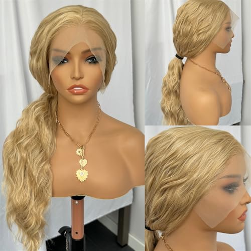 RDY Ash Blonde Long Body Wave Lace Front Synthetic Wig 24inch Mix Blonde Loose Wavy Lace Front Wigs for Women Heat Fiber Hair Half Hand Tied Cosplay Daily Use Wig - color: Ash Blonde