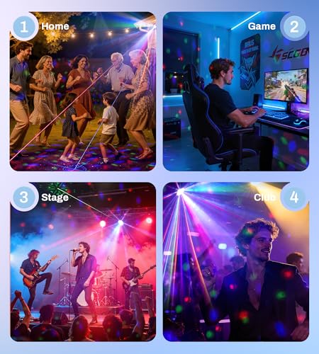 DJ Lights for Parties, Pro 8 in 1 DMX512 Laser Light Show with Disco Ball Light, RGB and Gold Strobe,UV Black Lights-Sound Activated LED Lighting for Home, Karaoke, Clubs, Gigs, and DJ Lighting