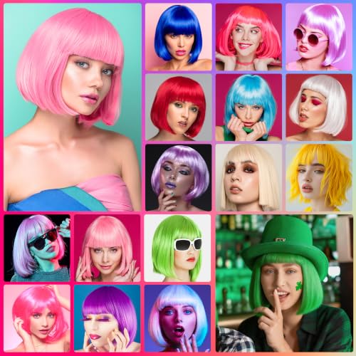 Short Bob Straight Hair Wigs with Bangs, Heat Resistant Fiber Hair, Star-shaped Glasses for Women (Pink-Purple) - color: Pink-Purple
