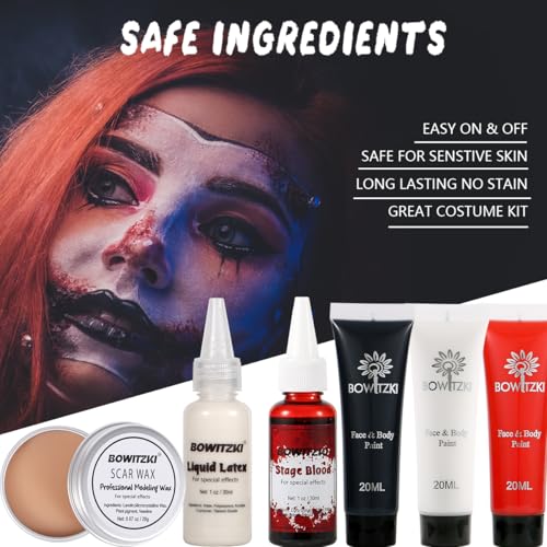 Bowitzki Halloween Makeup Set Special Effects Kit Cream Face Paint Water Based Liquid Latex Fake Blood Brush Sponges Body Painting SFX Zombie Vampire Monster Christmas Party (With Scar Wax)
