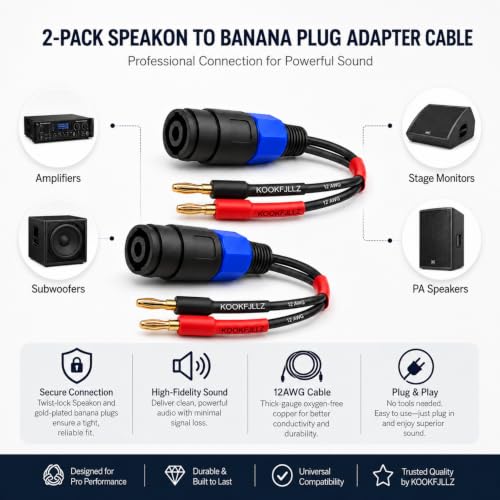 Speaker Cable Adapter, Banana Plug to Speakon Female Cable, 6 Inch 12AWG OFC Speaker Adapter Cable Male to Female for Amplifier PA System Stage Monitor Home Theater Live Sound (2-Pack)