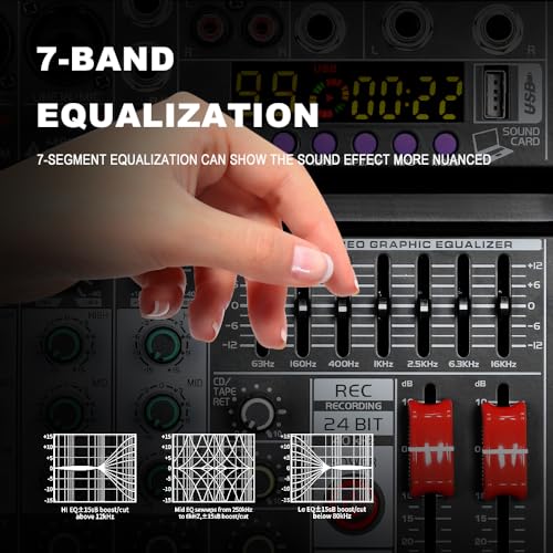BOMGE Professional 8 Channel DJ Audio Mixer, Sound Mixer with 99 DSP Effects/7-band EQ/USB Drive/Bluetooth/Compute/48V Phantom for PC Recording Karaoke Studio Streaming