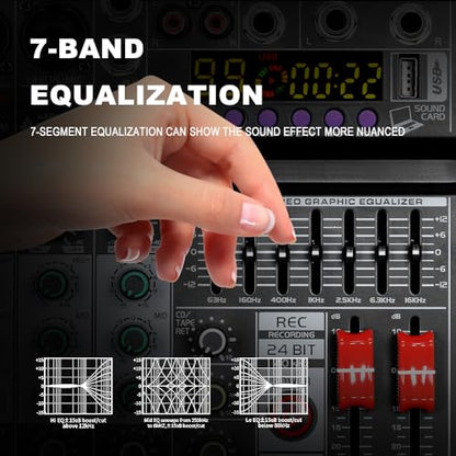 BOMGE Professional 8 Channel DJ Audio Mixer, Sound Mixer with 99 DSP Effects/7-band EQ/USB Drive/Bluetooth/Compute/48V Phantom for PC Recording Karaoke Studio Streaming