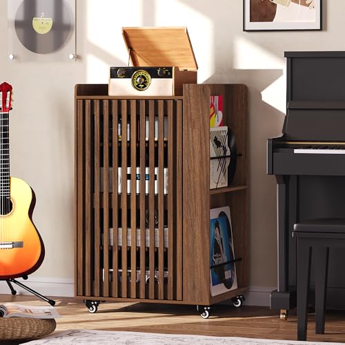 Rolling Media Cabinet with Side Vinyl Record Storage, 5-Tier Large Stereo Cabinet with Door and Cable Management, Audio Video Shelf for Living Room Gaming Room Music Room (Walnut) - color: Walnut
