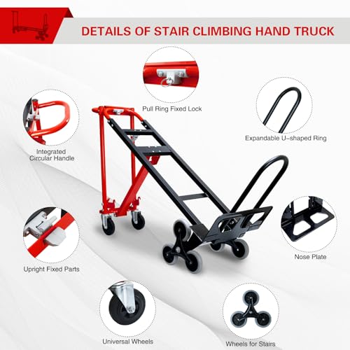 3 in 1 Stair Climbing Dolly Cart with Wheels 1000LBS(Red) | Convertible Hand Truck,Stair Dolly Climber Heavy Duty with Solid Wheels for Moving,Transport in Warehouses,Factory - color: Red